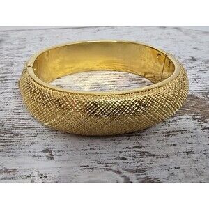 Vintage Monet Gold Tone Clamper Bangle Bracelet Textured Classic Stack 117